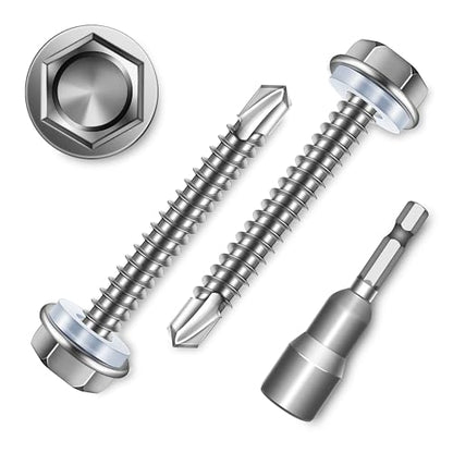 50Pcs #10 x 1-1/2" Sheet Metal Screws, 410 Stainless Steel Self Drilling Hex Washer Head Self Tapping Screws for Metal with Drill Bit - color: Silver, size: #10 x 1-1/2"