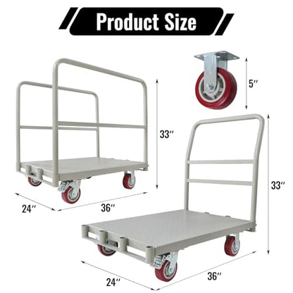 2-in-1 Steel Panel Cart, 2200 lbs Heavy Duty Platform Truck Carts with 4 Side Handrails and 4 Swivel Casters, Flatbed Lumber Carts Drywall Cart for Handling and Storage