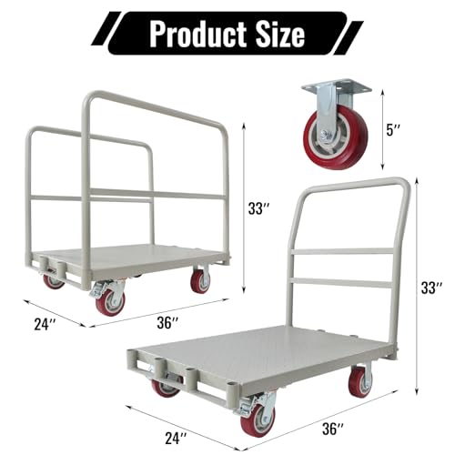 2-in-1 Steel Panel Truck Cart 2200 lbs Capacity, Heavy Duty Platform Truck Carts with 4 Side Handrails and 4 Swivel Casters, Flatbed Carts Lumber Drywall Cart for Handling and Storage, Grey