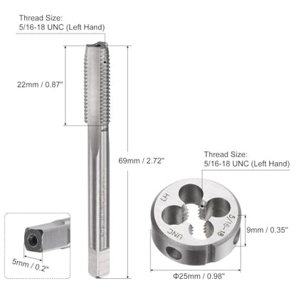 uxcell 2pcs Tap and Die Set, 5/16-18 UNC Left Hand Thread Tap & Round Die, Tapping Threading Tool Tap & Die Kit for Nut Screw Bolt Thread