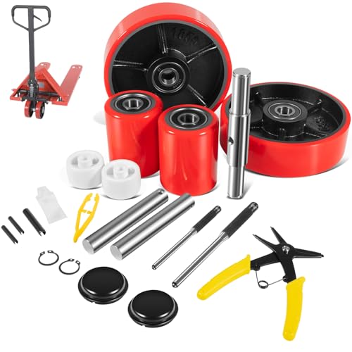 Pallet Jack/Truck Full Wheel Replacement Kit, Pair Steering Wheels (7"x 2"), Pair Front Load Roller(3" x 3.75"), with Pre-Installed Bearings, Axles, 20mm ID Poly Tread, Entry Rollers, Install Tool Kit