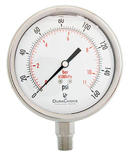 4" SS Oil Filled Pressure Gauge, 3/8" NPT Lower Mount, 160 PSI - size: [0-160 PSI]