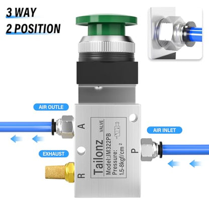 TAILONZ PNEUMATIC Green 1/4”NPT Manual Control Type Mushroom Push Button 3 Way 2 Position Pneumatic Control Mechanical Valve - size: 3 Way 2 Position