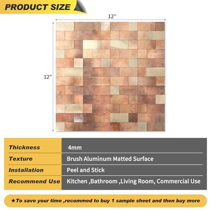 Yipscazo Peel and Stick Backsplash Tile, Stick on Stainless Steel Backsplash Metal Tiles for Kitchen Walls in Copper (12''x12'',10 Sheets) - color: Copper