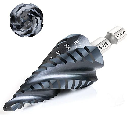 Matework M35 Cobalt Step Drill Bit, Four Spiral Flute Unibit Step Drill Bit (3/16"-7/8") Wear-Resistant TiAlN Coated, 1/4" Hex Shank for Metal, Carbon Steel, Stainless Steel, Wood, Plastic (12 Size) - size: 3/16"-7/8"