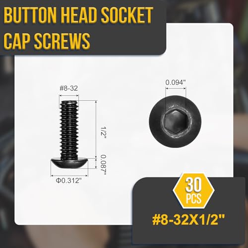 DTGN #8-32x1/2 Button Head Socket Cap Screw 30Pcs 304 SS Black Oxide - color: Black, size: #8-32x1/2"