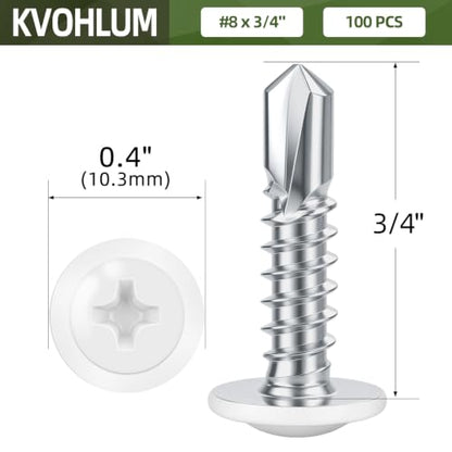 #8 x 3/4" (100 PCS) White Head Fast Self Tapping Sheet Metal Screws, Modified Truss Head Self Drilling Screw, Full Thread, Screwdriver Bit Included - color: White, size: #8 x 3/4"