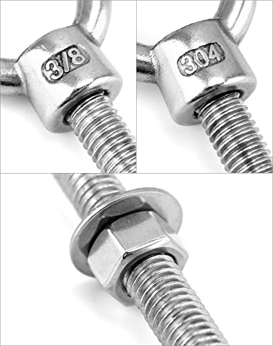 QWORK Threaded Eyebolts, 5 Pack 3/8" x 6" Long Stainless Steel Marine Grade Shoulder Eye Bolt - color: 5 Pack, size: 3/8" x 6"