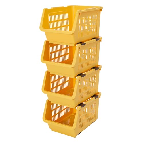 4 Pcs Open Front Stackable Storage Bins, PP Stacking Organizer Baskets with Rolling Wheels, Telescopic Buckles, Nestable, 38.58lbs Load - color: Yellow