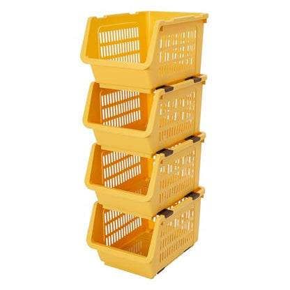 4 Pcs Open Front Stackable Storage Bins, PP Stacking Organizer Baskets with Rolling Wheels, Telescopic Buckles, Nestable, 38.58lbs Load - color: Yellow