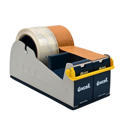 WOD TTD4SD Tabletop Multi-Roll Steel Desktop Tape Dispenser, Blue & Gray - Fits Tape up to 4 inch Wide, Holds 3 inch core, Weighted Rubber Base for Stability