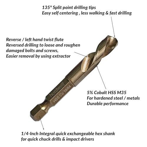 NordWolf 10-Piece M35 Cobalt Stubby Left Hand Drill Bit & Screw Extractor Set, Reverse Twist with 1/4" Hex Shank, SAE Sizes 5/64"-7/64"-5/32"-1/4"-19/64" - size: 5/64" to 19/64" (10 Pcs)