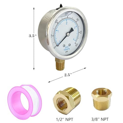 YSIL 1/4 NPT Liquid Filled Pressure Gauge w/ 3/8 NPT 1/2 NPT Adapter 60Psi - size: 0-60 psi