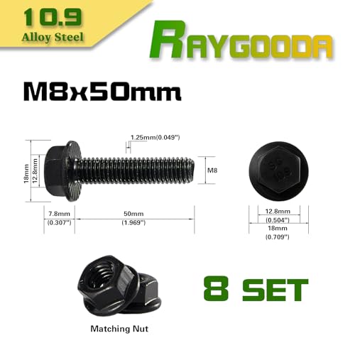 M8-1.25x50mm Flange Bolt and Nut Kit 8set- Grade 10.9 Alloy Steel, Black Zinc,Full Thread, Serrated Self-Locking, Vibration Resistant for Automotive, Machinery & Heavy Duty - size: M8x50mm(8 Sets）