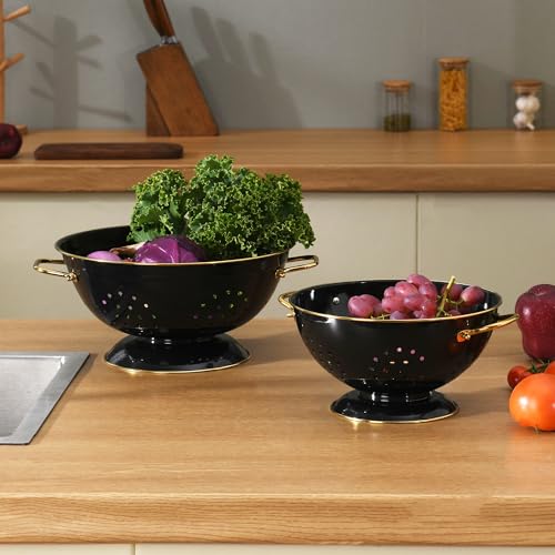 Metal Colander 2 Pack, 3.5 Quart Powder Coated Self-draining Solid Ring Base Metal Large Kitchen Pasta Vegetable Fruit Strainer with Handle (L-BLACK) - color: L-BLACK