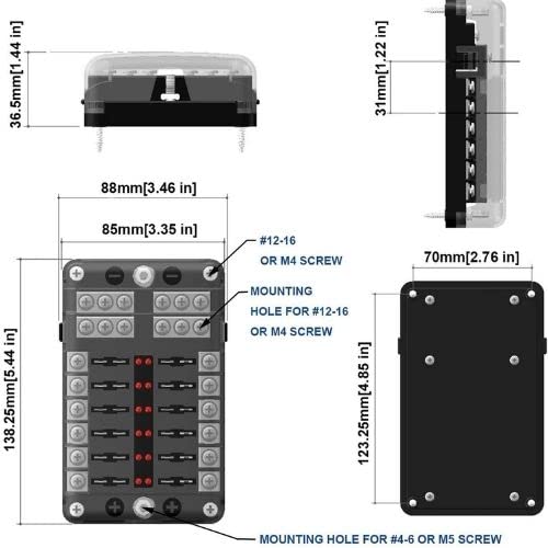 12 Way 12-24V Fuse Box with LED Warning Indicator, 12 Circuits, Negative Bus Fuse Blocks for Car Marine RV Truck DC, Plastic, Chassis Mount