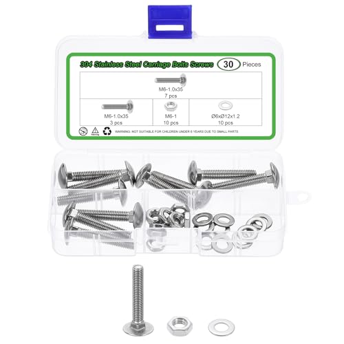 uxcell 10 Set Carriage Bolts and Nuts Kit, M6-1.0x35 Stainless Steel 304 Round Head Square Neck Carriage Bolts Screws and Hex Nuts and Flat Washers - Silver - size: M6-1.0x35mm