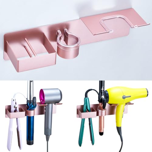 Hair Dryer Holder Wall Mount Curling Iron Holder Flat Iron Holder, Blow Dryer Holder Wall, 3 in 1 Bathroom Hair Tool Organizer Rack for Universal Hairdryer Straightener Curlings (Rose Gold) - color: Rose Gold