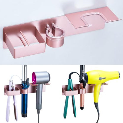 Hair Dryer Holder Wall Mount Curling Iron Holder Flat Iron Holder, Blow Dryer Holder Wall, 3 in 1 Bathroom Hair Tool Organizer Rack for Universal Hairdryer Straightener Curlings (Rose Gold) - color: Rose Gold