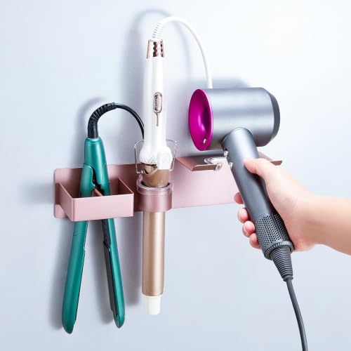 Hair Dryer Holder Wall Mount Curling Iron Holder Flat Iron Holder, Blow Dryer Holder Wall, 3 in 1 Bathroom Hair Tool Organizer Rack for Universal Hairdryer Straightener Curlings (Rose Gold) - color: Rose Gold