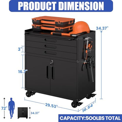 Metal Mobile Tool Storage Cabinet with 2 Locking Door and 3 Drawer - color: Black, style: 2 doors 3 drawer with wheels