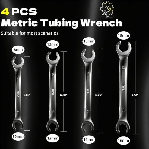 KJE 4-Piece Metric Flare Nut Wrench Set, line wrench set, 9x11MM, 10x12MM, 13x14MM, 15x17MM, CR-V Steel, Repair/Remove the Nuts on the Fuel Hose Drive Line - size: 4-Piece