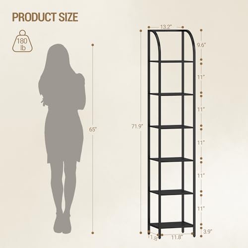Hzuaneri Bookshelf Narrow Bookcase, Tall Storage Rack with Steel Frame - color: Black, size: 11.8 × 13.2 × 71.9 inch