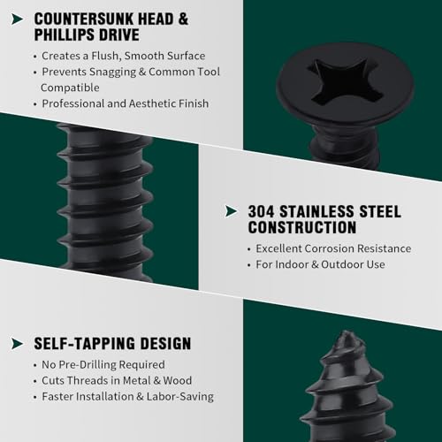 #8 x 3/4" Flat Head Phillips Sheet Metal Tek Screws, 304 Stainless Steel 18-8, Black Oxide Coated Finish, Corrosion Resistant Flat Head Wood Screws, 100 PCS - size: #8 x 3/4"