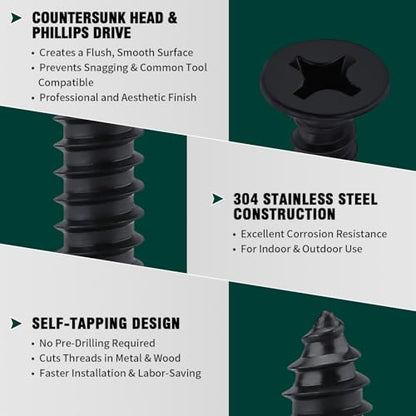 #8 x 3/4" Flat Head Phillips Sheet Metal Tek Screws, 304 Stainless Steel 18-8, Black Oxide Coated Finish, Corrosion Resistant Flat Head Wood Screws, 100 PCS - size: #8 x 3/4"