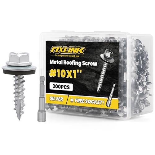 Metal Roofing Screws #10 × 1", 300 PCS, FIXLINK RUSPERT Hex Head Rubber Washer Sheet Metal Roof Screws Self Tapping Metal to Wood Siding Screws, Hex Socket Included, Silver - color: Silver, size: #10 x 1"