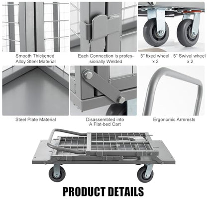 SmarketBuy Platform Truck Cart with Cage, 5 in 1 Heavy Duty Platform Carts with Cage 2000 LBS Capacity Foldable Push Cart Dolly with 5" Casters for Groceries/Garage/Warehouse