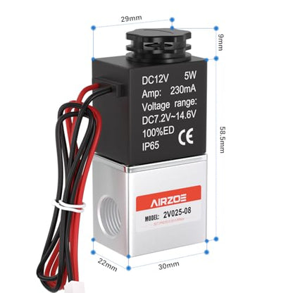 AIRZOE 1/4"NPT DC12V Solenoid Valve,2 Way Normally Closed Electric Solenoid Valve(Outlet Wire) 2V025-08