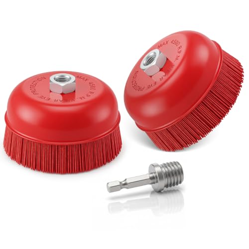 2 Pack 6'' Abrasive Filament Nylon Bristle Cup Brush, with 1/4" Hex Drill Shank Arbor, 5/8" 11 Thread, Angle Grinder Nylon Wire Brush for Rust Removal Polishing Corrosion Surface Prep