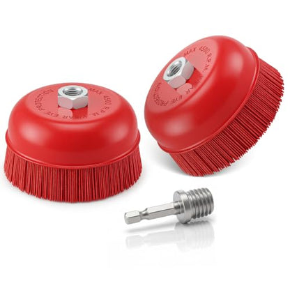 2 Pack 6'' Abrasive Filament Nylon Bristle Cup Brush, with 1/4" Hex Drill Shank Arbor, 5/8" 11 Thread, Angle Grinder Nylon Wire Brush for Rust Removal Polishing Corrosion Surface Prep