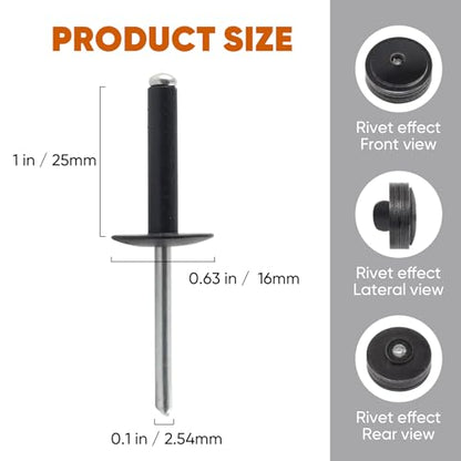 ALLCLEAN (80 pcs) 3/16 * 1" Large Flange Open End Black Aluminum Blind Rivets,4.8 * 25 Pop Blind Rivet - color: Black, size: 3/16"*1"