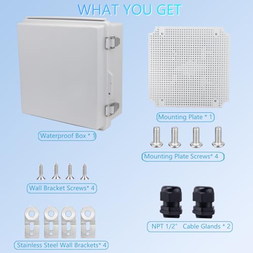 IP67 Waterproof Junction Box, ABS Plastic Electrical Enclosure with Stainless Steel Latch, Hinged Cover Electric Box with Mounting Plate, Wall Brackets & Cable Glands 210x210x100 - color: Grey, size: 8.3"x8.3"x3.9"