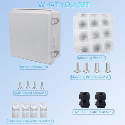 IP67 Waterproof Junction Box, ABS Plastic Electrical Enclosure with Stainless Steel Latch, Hinged Cover Electric Box with Mounting Plate, Wall Brackets & Cable Glands 210x210x100 - color: Grey, size: 8.3"x8.3"x3.9"