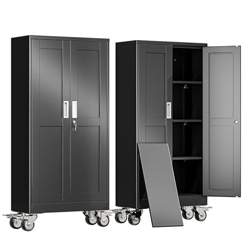 erosoei 61" H Metal Garage Storage Cabinet, Rolling Tool Cabinet with 2 Doors and Wheels, Locker Steel Cabinet with 3 Adjustable Shelves, Organization Cabinet for Garage,Office,Home,Gym,School（Black） - color: Black, size: 61"-CasLck
