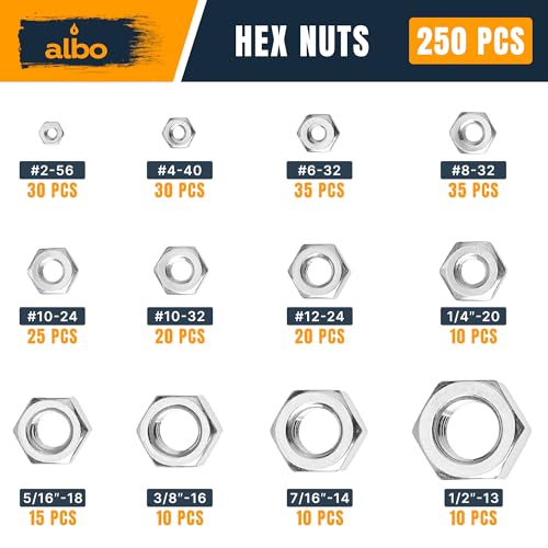 ALBO 250 PCS SAE Hex Nuts Assortment – Stainless Steel 304 Hardware Set (#2-56 to 1/2"-13) – SAE Nut Assortment in Organizer Box – 1/4 20 Nut, 3/8 Nuts, 1/2 Nuts, etc. - size: SAE Set 250pcs