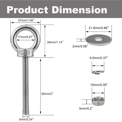 M6 Stainless Steel Eye Bolt with Nuts 4 Pack, M6 x 50mm (1/4" x 2 inch) Long Ring Shoulder Lifting Eye Bolt for Swing, Male Screw Threaded Eyebolt kit Tie Down Outdoor Indoor - size: M6x50mm (1/4"x2")
