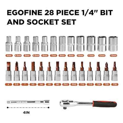 Egofine 28pcs 1/4 Inch Ratchet Socket Wrench Set, Drive Socket Set with 12 Sockets and 14 Bit Socket Set, with Extension Bars - color: 28pc Standard Socket Set, size: 1/4