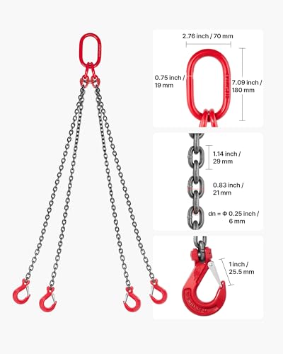 VEVOR Chain Sling, 1/4 in x 5 ft Lifting Chains with 4 Leg Grab Hooks, Heavy Duty G80 Alloy Steel Lifting Sling, 6600LBS Capacity, Adjustable Engine Chain Hoist Lifts for Cargo Security Towing - size: 1/4 Inch x 5 FT Adjustable