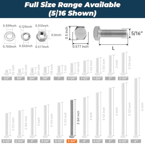 8 Sets Glvaner 5/16-18 x 3-3/4" Stainless Steel Hex Head Screws Bolts, Nuts, Flat & Lock Washers, 18-8 (304) Stainless Steel, Full Thread, Coarse Thread - size: 5/16-18 x 3-3/4"
