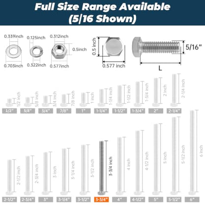8 Sets Glvaner 5/16-18 x 3-3/4" Stainless Steel Hex Head Screws Bolts, Nuts, Flat & Lock Washers, 18-8 (304) Stainless Steel, Full Thread, Coarse Thread - size: 5/16-18 x 3-3/4"