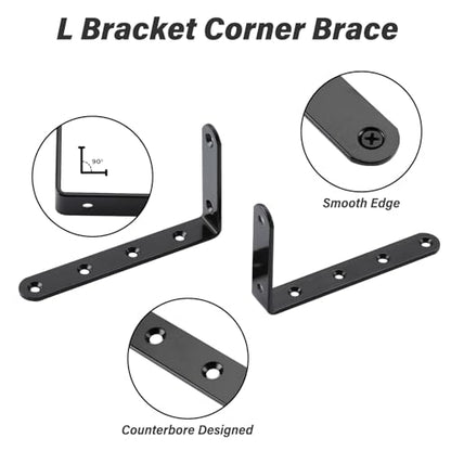 5 x 3 Inch Heavy Duty L Brackets, Steel Corner Braces, Black, 4 Pack - color: Black