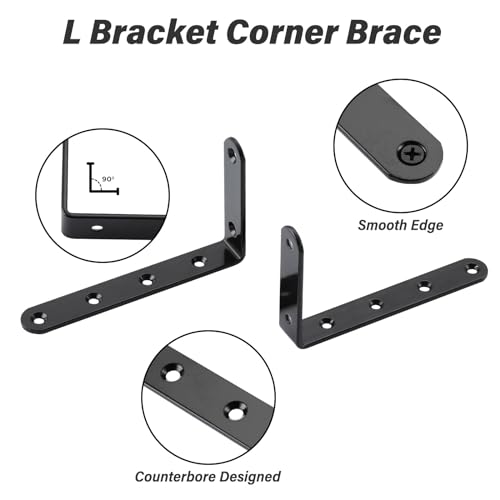 5 x 3 Inch Heavy Duty L Brackets, Steel Corner Braces, Black, 4 Pack - color: Black