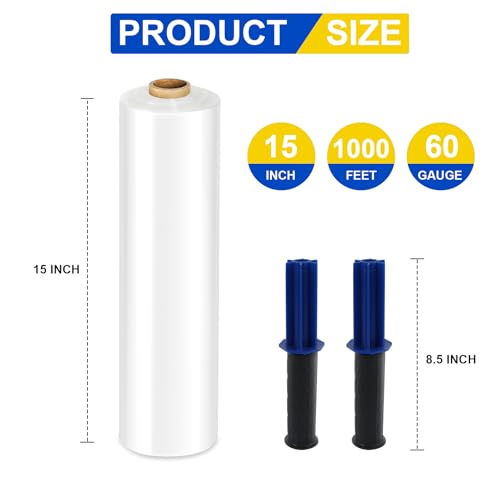 Stretch Film, RAZCC Stretch Wrap Industrial Strength, Shrink Wrap for Pallet Wrap, Heavy Duty Clear Plastic Wrap with Handles, Moving Wrapping Plastic Roll, 15" x 1000 Ft Per Roll, 60 Gauge, 4 Pack - size: 4 Rolls