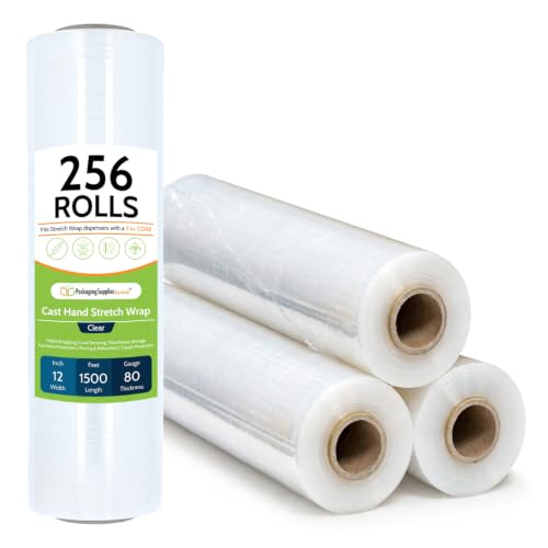 PSBM Stretch Wrap, 256 Rolls 12 Inch x 1500 Feet 80 Gauge Heavy Duty up to 800% Ultimate Stretch Clear Plastic Wrap Industrial Strength Shrink Film for Moving, Packing & Shipping - size: 256 Pack, style: 80 Gauge