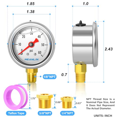 MEANLIN MEASURE 0~60Psi Stainless Steel 1/8" NPT 1.5" FACE DIAL, Glycerin Filled Pressure Gauge, Liquid Filled, Water Oil Air, Lower Mount, with 1/4" NPT and 3/8" NPT Hex Bushing - size: 0-60Psi