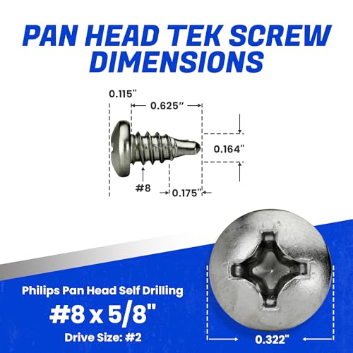 Fastenere Pan Head Self Drilling Tek Screws - #8 x 5/8" (100 Pack) Stainless Steel 410, Full Thread, Bright Plain Finish, Corrosion-Resistant, Self-Drilling, Easy to Install w/Phillips Drive Size #2 - size: #8 x 5/8" (100 Pack)